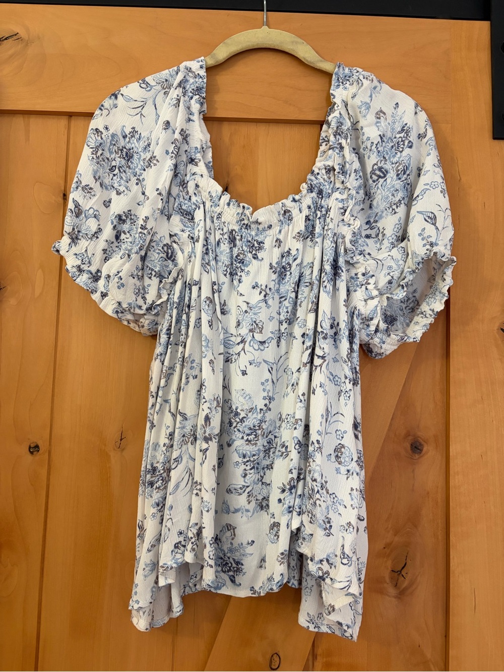 Carly Jean Los Angeles Cream Blouse with Blue Floral Print